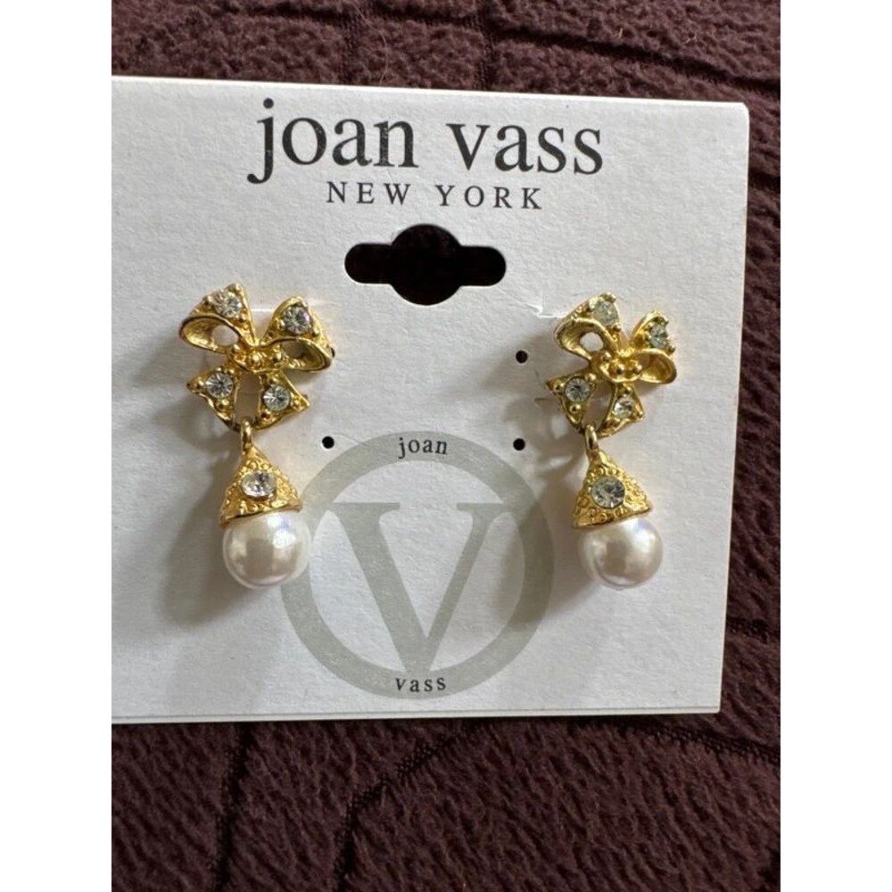 Joan Vass NY Bow Dangle Earrings Faux Pearl Crystal Rhinestone Gold Tone NWT